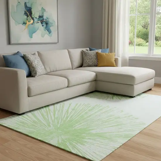 Artichoke Green And Ivory Abstract Washable Area Rug With UV Protection Photo 1