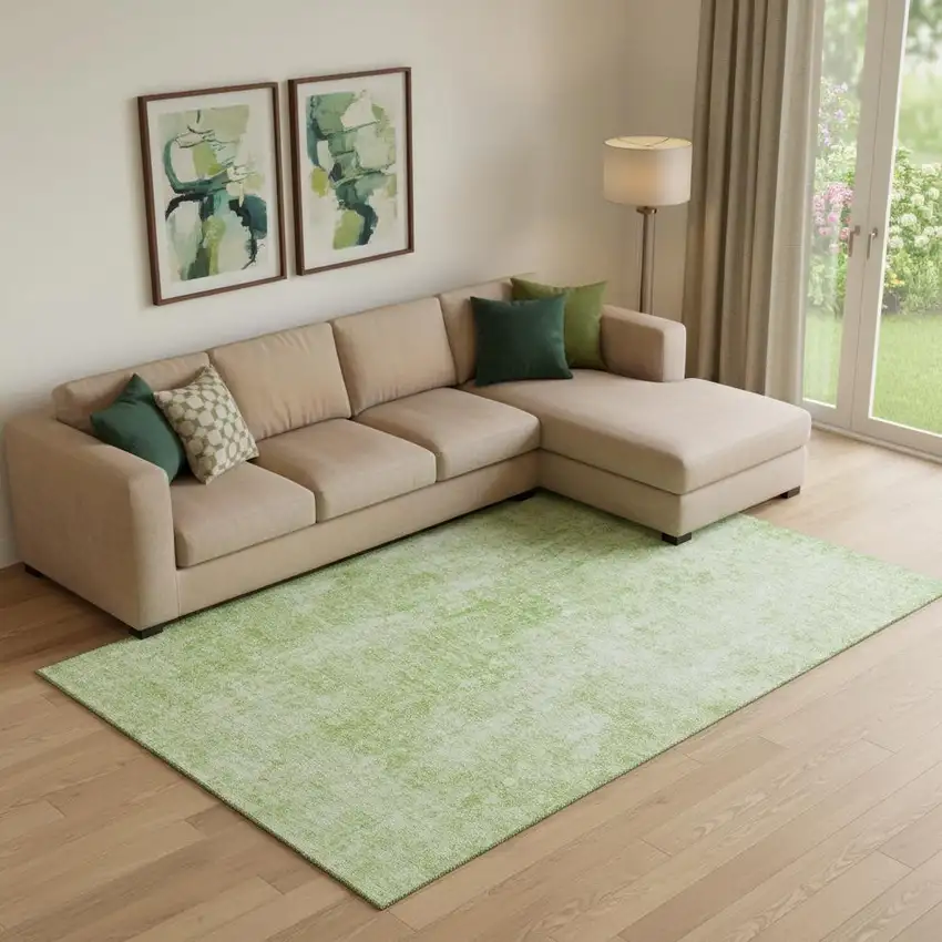 Artichoke Green And Ivory Abstract Washable Area Rug With UV Protection Photo 1