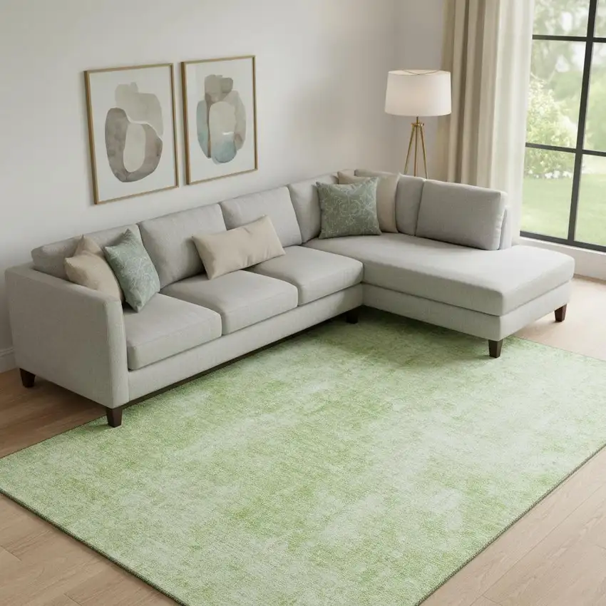 Artichoke Green And Ivory Abstract Washable Area Rug With UV Protection Photo 1