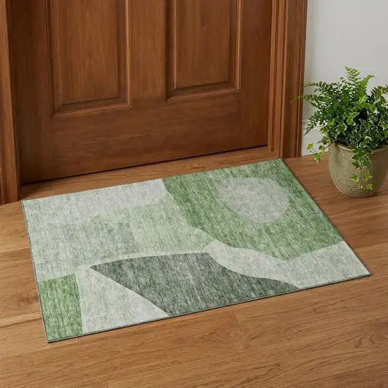 Artichoke Green And Ivory Abstract Washable Area Rug With UV Protection Photo 1