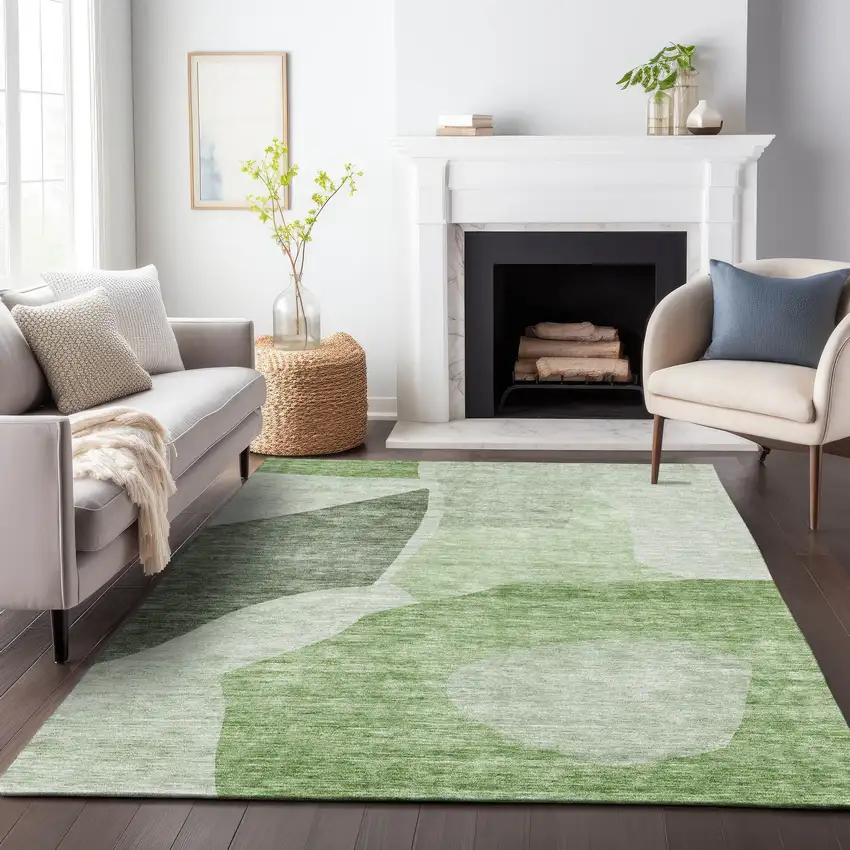 Artichoke Green And Ivory Abstract Washable Area Rug With UV Protection Photo 3