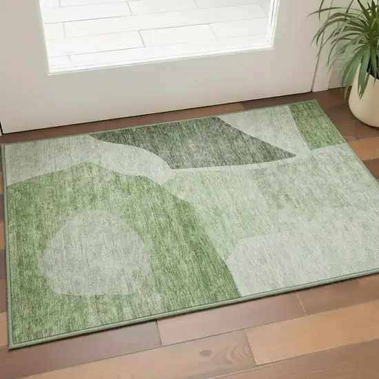 Artichoke Green And Ivory Abstract Washable Area Rug With UV Protection Photo 2