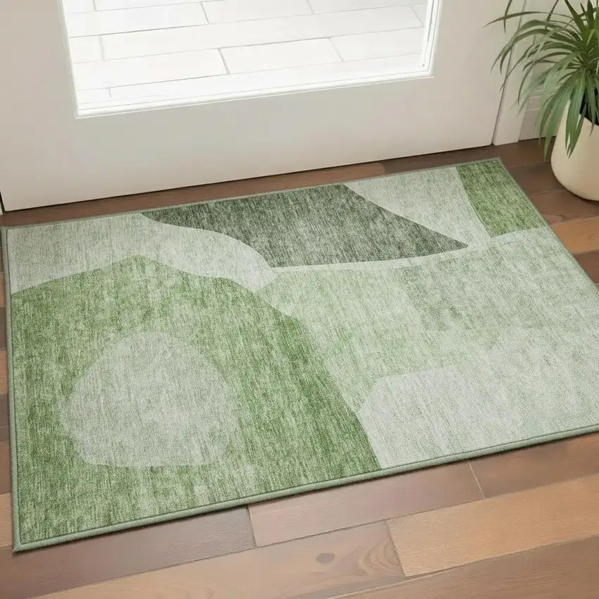 Artichoke Green And Ivory Abstract Washable Area Rug With UV Protection Photo 2