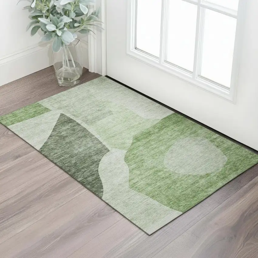 Artichoke Green And Ivory Abstract Washable Area Rug With UV Protection Photo 1