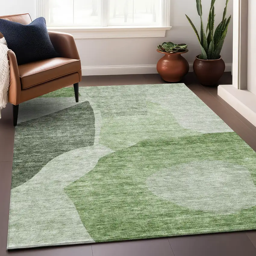 Artichoke Green And Ivory Abstract Washable Area Rug With UV Protection Photo 4