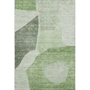 Photo of Artichoke Green And Ivory Abstract Washable Area Rug With UV Protection