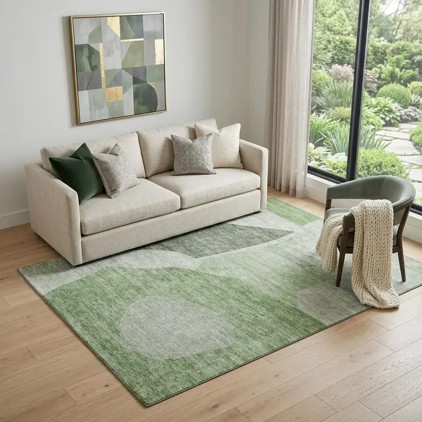 Artichoke Green And Ivory Abstract Washable Area Rug With UV Protection Photo 1