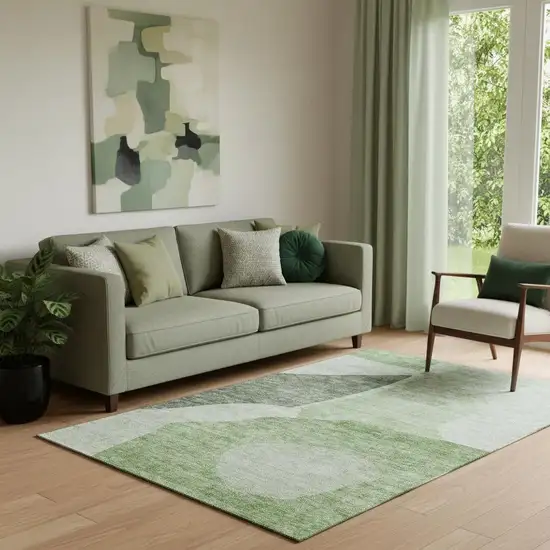 Artichoke Green And Ivory Abstract Washable Area Rug With UV Protection Photo 1