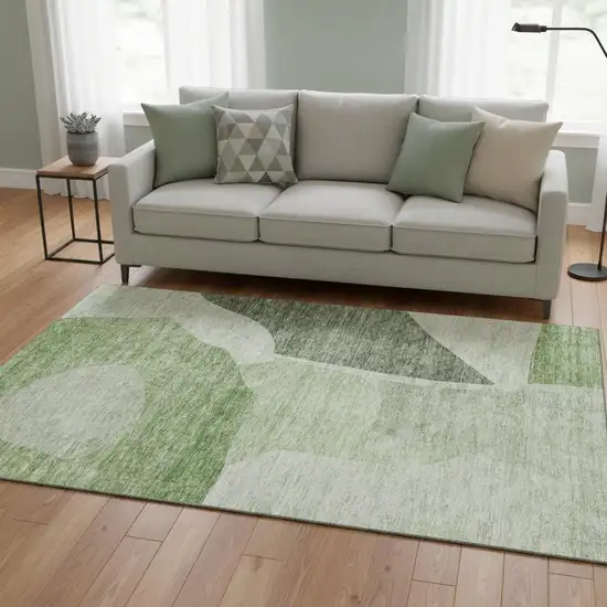 Artichoke Green And Ivory Abstract Washable Area Rug With UV Protection Photo 1