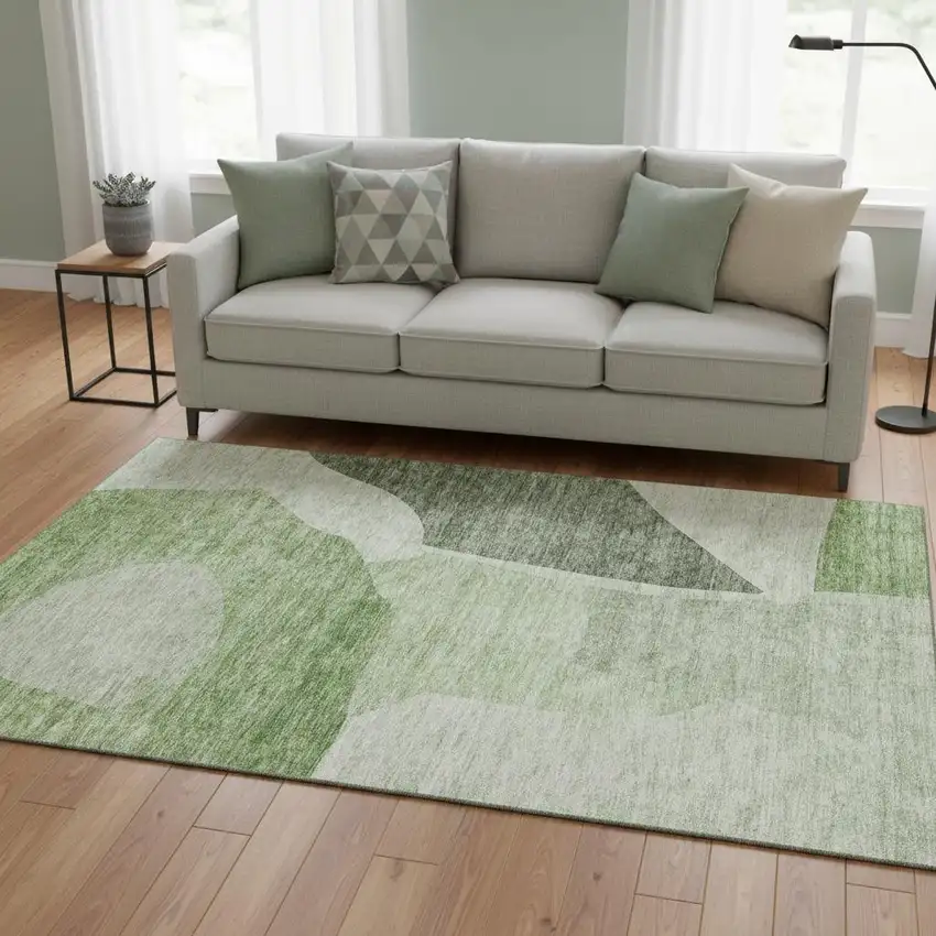 Artichoke Green And Ivory Abstract Washable Area Rug With UV Protection Photo 1
