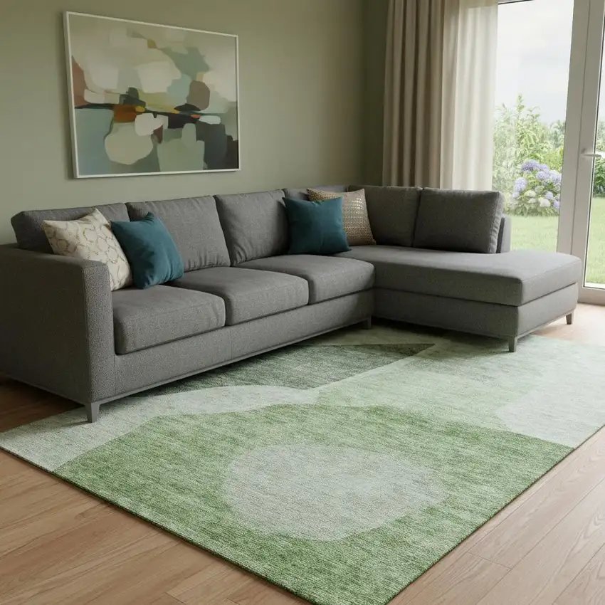 Artichoke Green And Ivory Abstract Washable Area Rug With UV Protection Photo 1