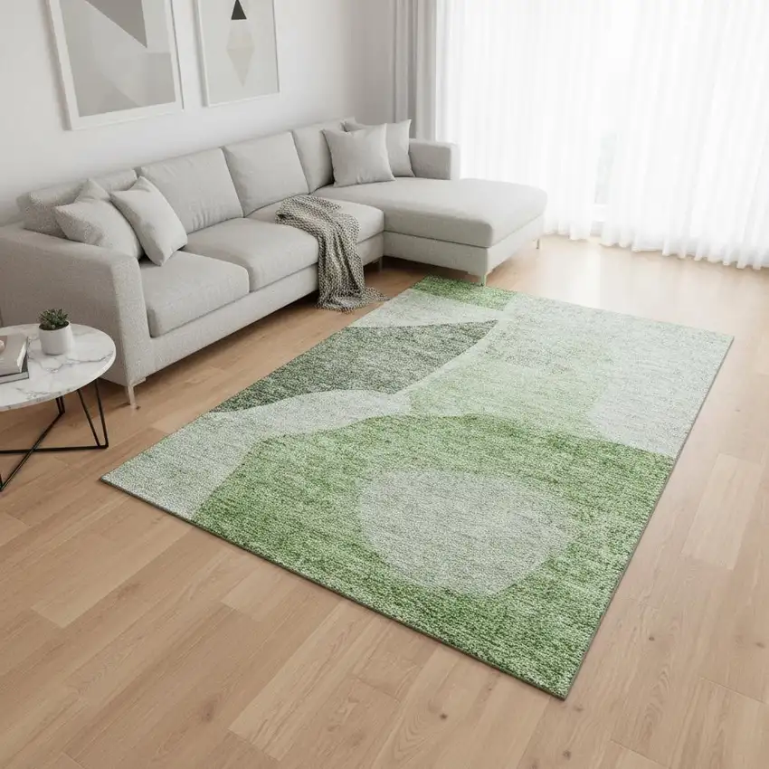 Artichoke Green And Ivory Abstract Washable Area Rug With UV Protection Photo 1