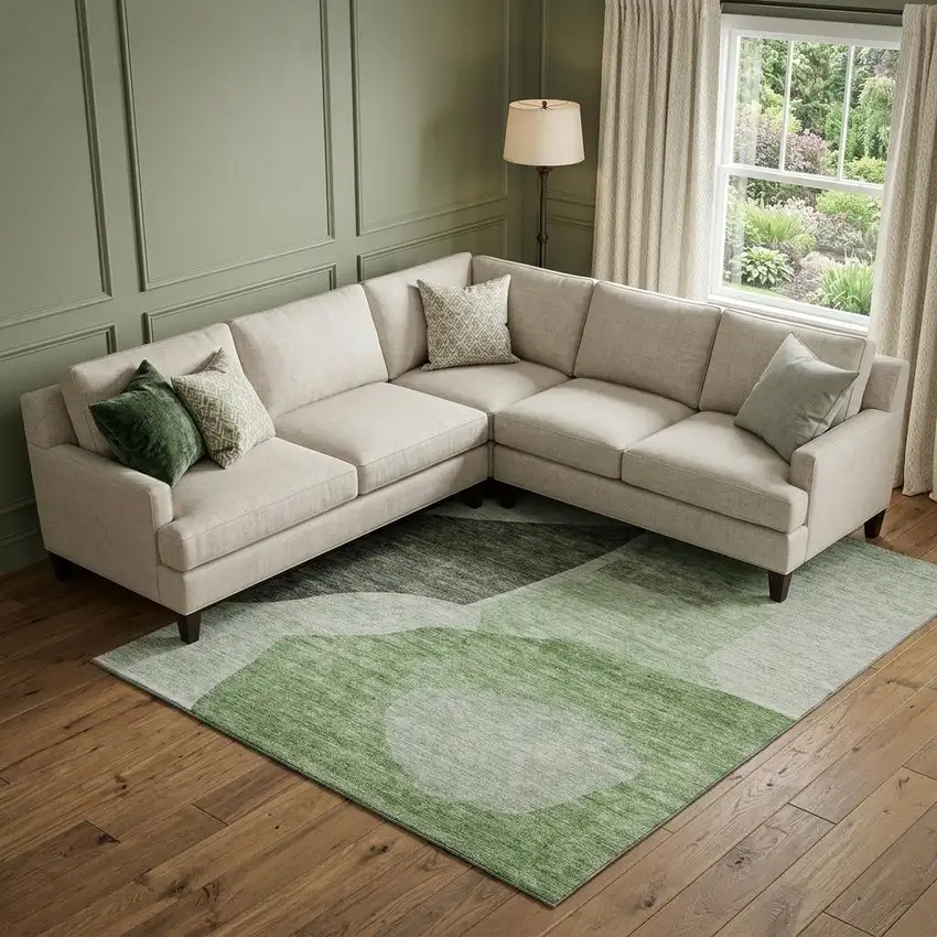Artichoke Green And Ivory Abstract Washable Area Rug With UV Protection Photo 1