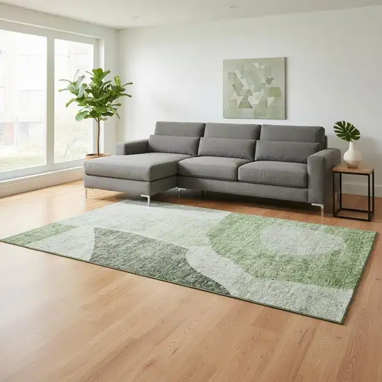 Artichoke Green And Ivory Abstract Washable Area Rug With UV Protection Photo 1