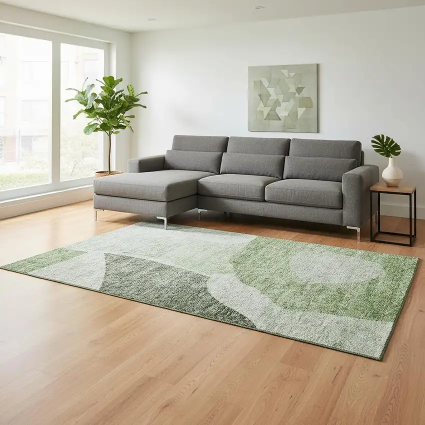 Artichoke Green And Ivory Abstract Washable Area Rug With UV Protection Photo 1