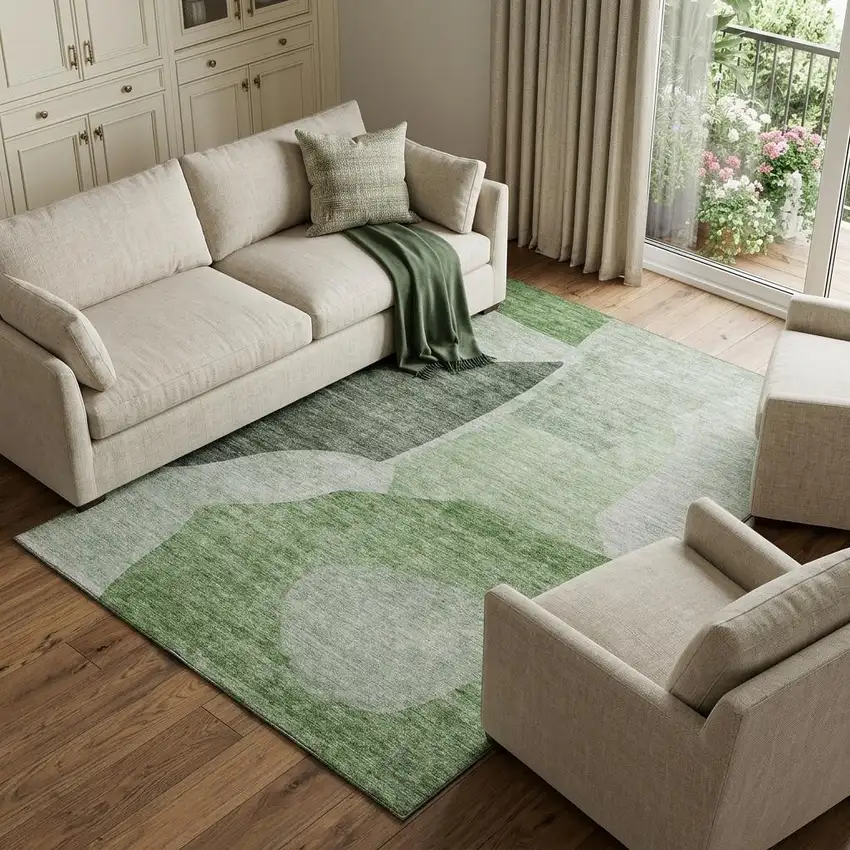 Artichoke Green And Ivory Abstract Washable Area Rug With UV Protection Photo 1