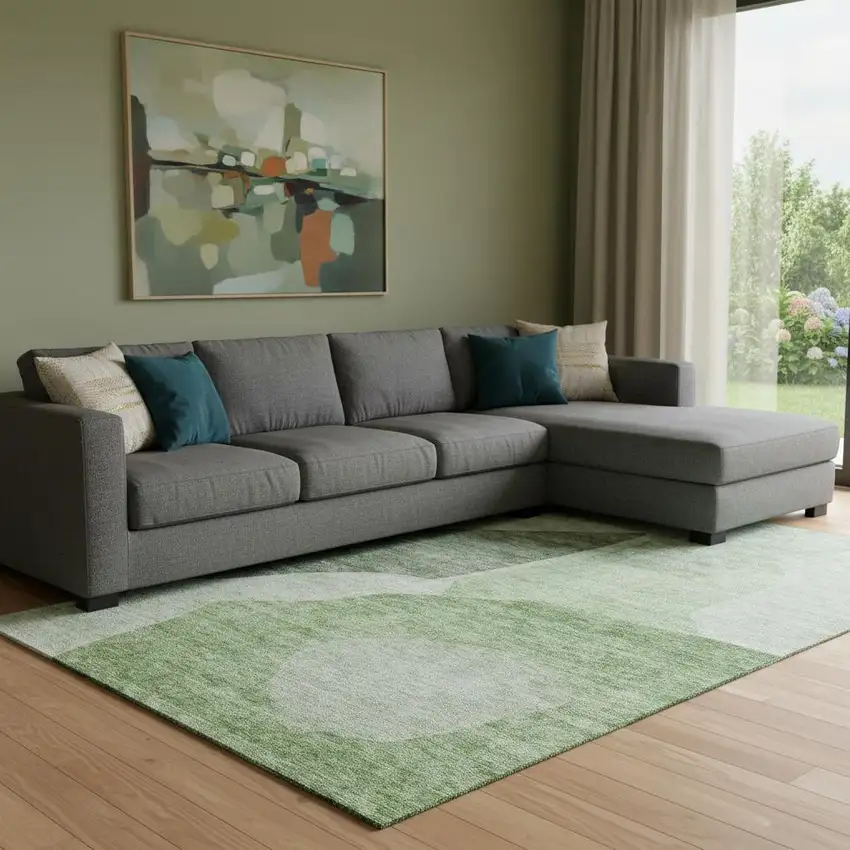 Artichoke Green And Ivory Abstract Washable Area Rug With UV Protection Photo 1