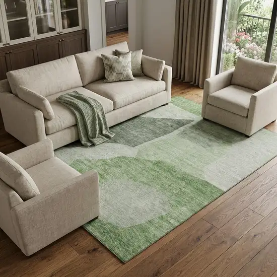 Artichoke Green And Ivory Abstract Washable Area Rug With UV Protection Photo 1