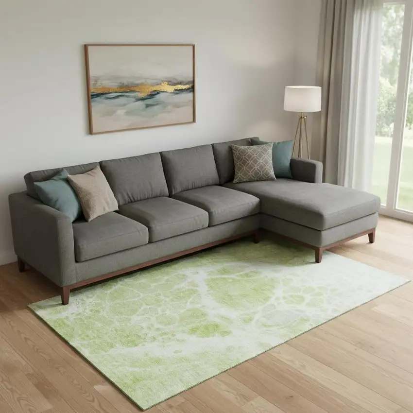 Artichoke Green And Ivory Abstract Washable Area Rug With UV Protection Photo 1