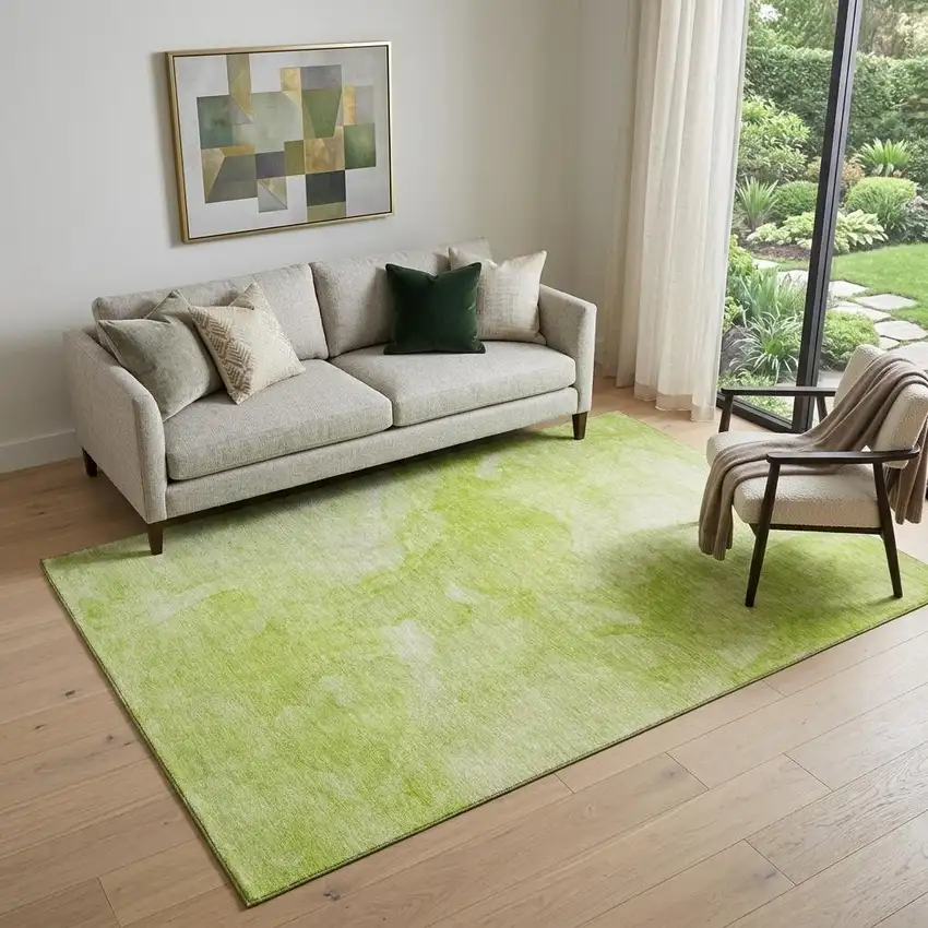 Artichoke Green And Ivory Abstract Washable Area Rug With UV Protection Photo 1