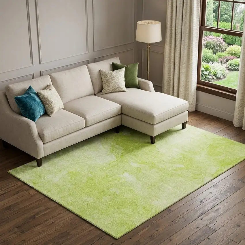 Artichoke Green And Ivory Abstract Washable Area Rug With UV Protection Photo 1