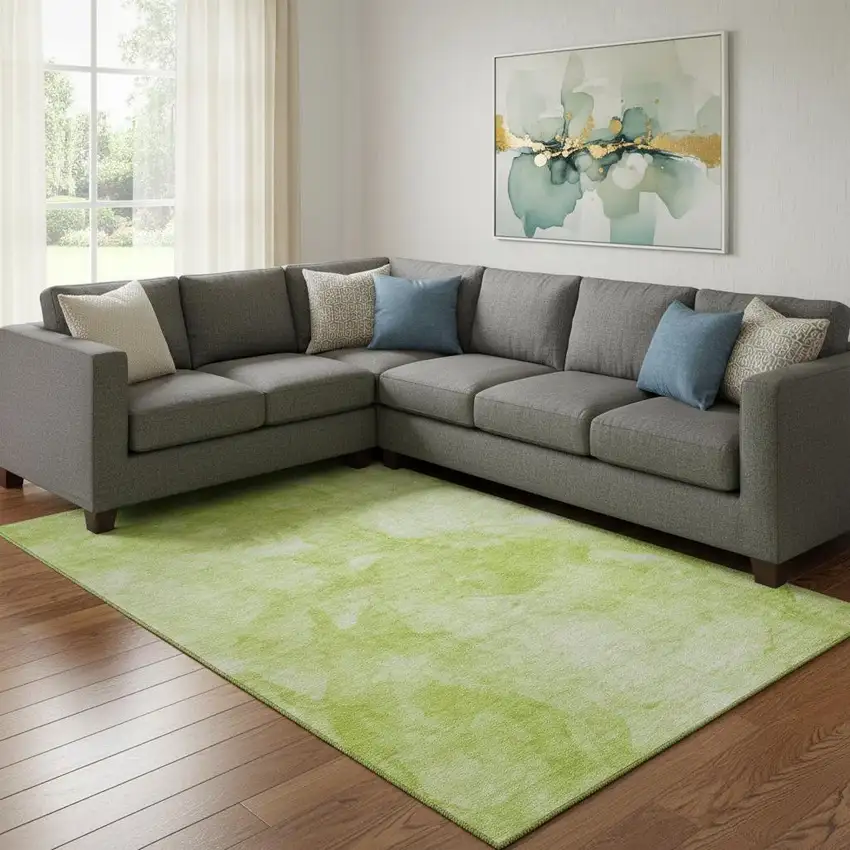 Artichoke Green And Ivory Abstract Washable Area Rug With UV Protection Photo 1