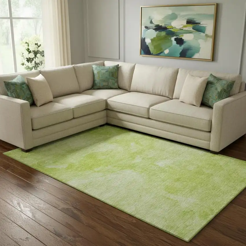 Artichoke Green And Ivory Abstract Washable Area Rug With UV Protection Photo 1