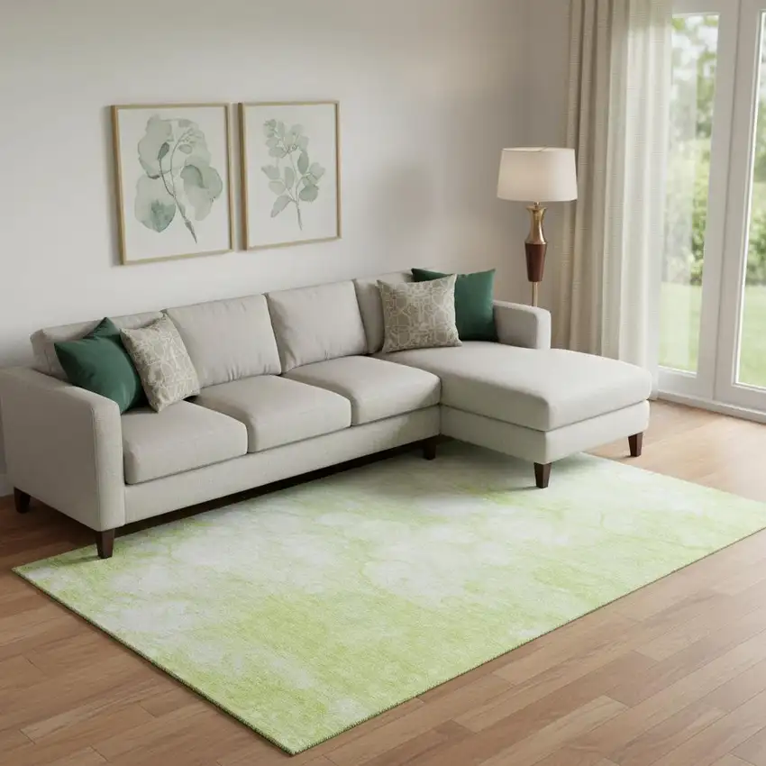 Artichoke Green And Ivory Abstract Washable Area Rug With UV Protection Photo 1