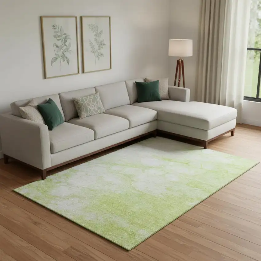 Artichoke Green And Ivory Abstract Washable Area Rug With UV Protection Photo 1
