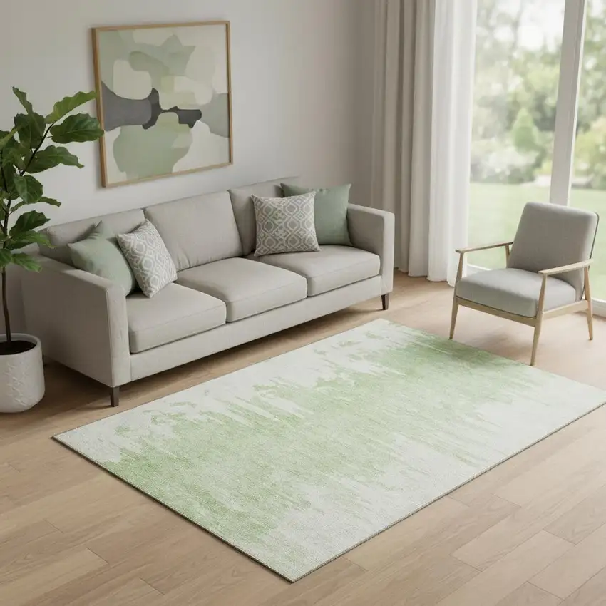 Artichoke Green And Ivory Abstract Washable Area Rug With UV Protection Photo 1