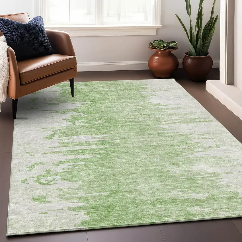 Artichoke Green And Ivory Abstract Washable Area Rug With UV Protection Photo 4