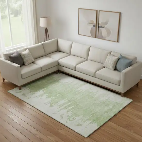 Artichoke Green And Ivory Abstract Washable Area Rug With UV Protection Photo 1