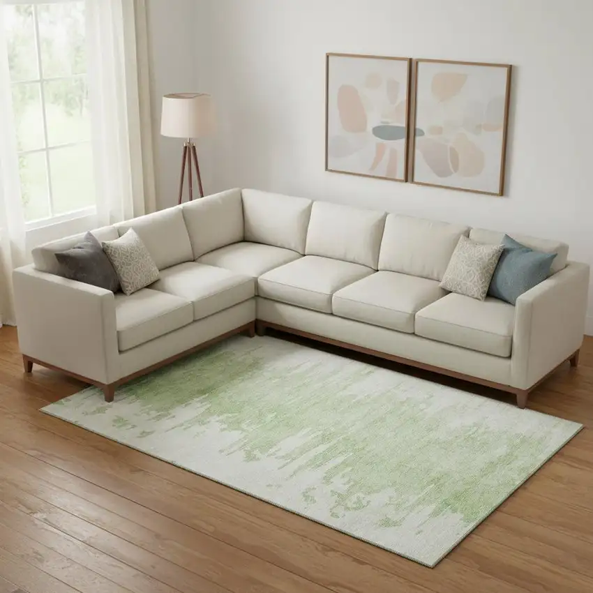 Artichoke Green And Ivory Abstract Washable Area Rug With UV Protection Photo 1