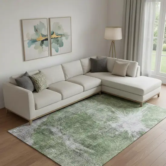 Artichoke Green And Ivory Abstract Washable Area Rug With UV Protection Photo 1