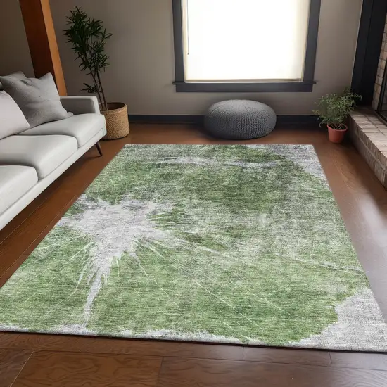 Artichoke Green And Ivory Abstract Washable Area Rug With UV Protection Photo 4