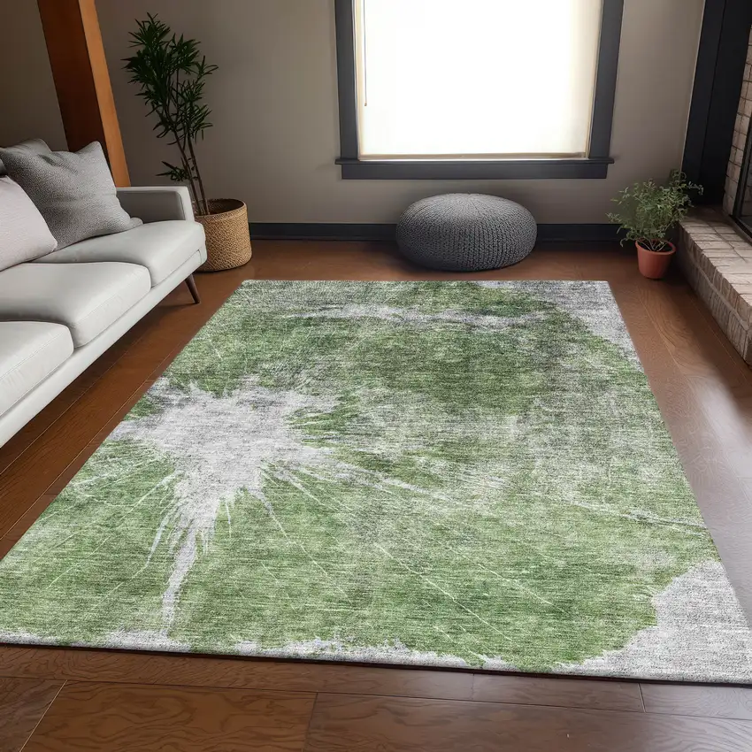 Artichoke Green And Ivory Abstract Washable Area Rug With UV Protection Photo 4