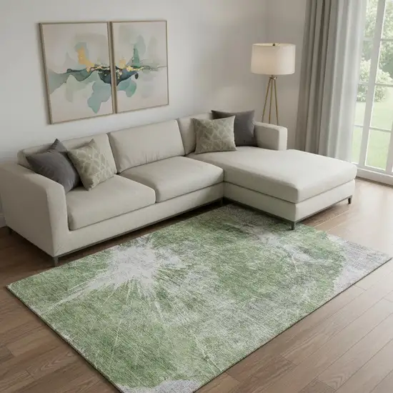 Artichoke Green And Ivory Abstract Washable Area Rug With UV Protection Photo 1