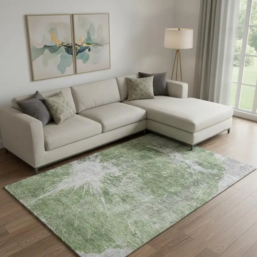 Artichoke Green And Ivory Abstract Washable Area Rug With UV Protection Photo 1