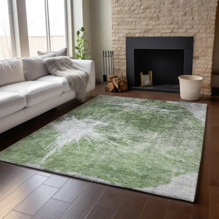 Artichoke Green And Ivory Abstract Washable Area Rug With UV Protection Photo 5