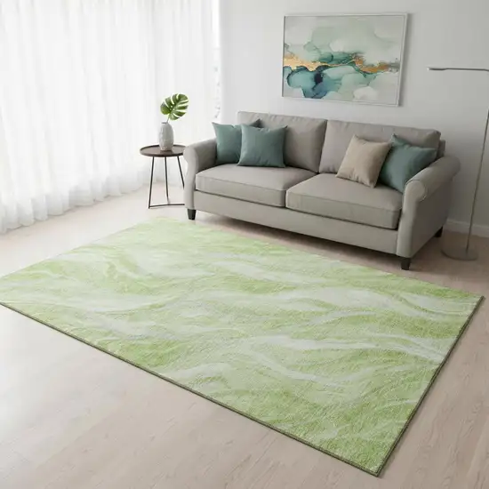 Artichoke Green And Ivory Abstract Washable Area Rug With UV Protection Photo 1