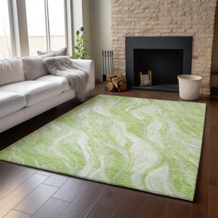 Artichoke Green And Ivory Abstract Washable Area Rug With UV Protection Photo 4