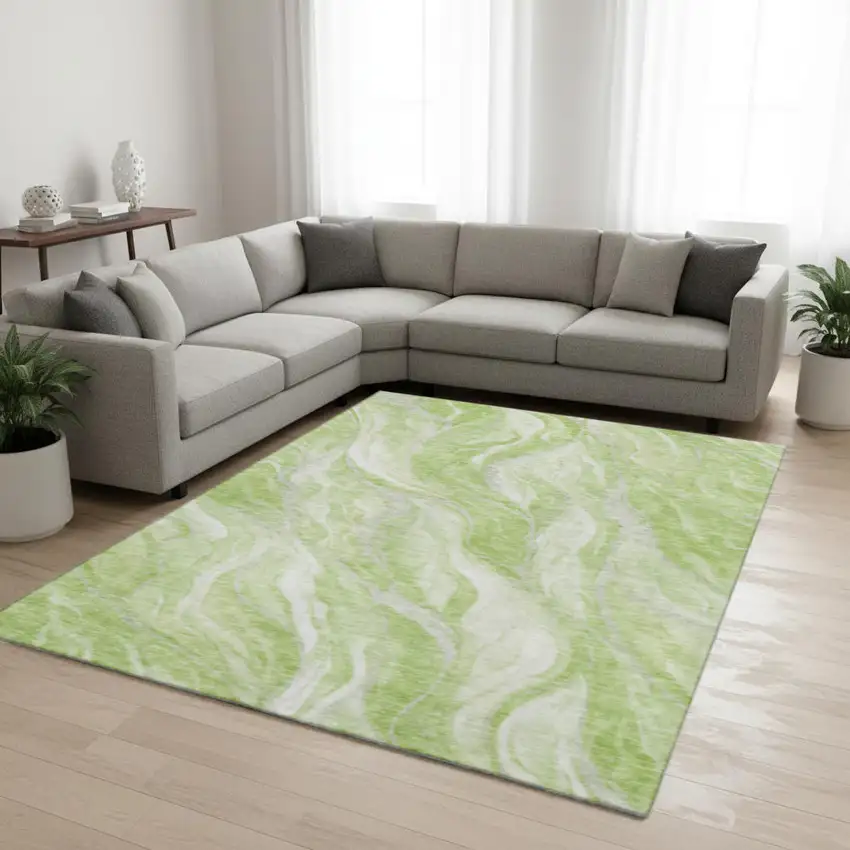 Artichoke Green And Ivory Abstract Washable Area Rug With UV Protection Photo 1