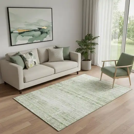 Artichoke Green And Ivory Abstract Washable Area Rug With UV Protection Photo 1