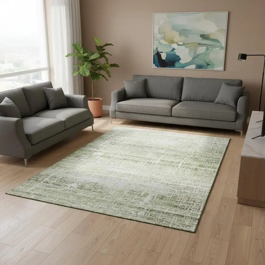 Artichoke Green And Ivory Abstract Washable Area Rug With UV Protection Photo 2