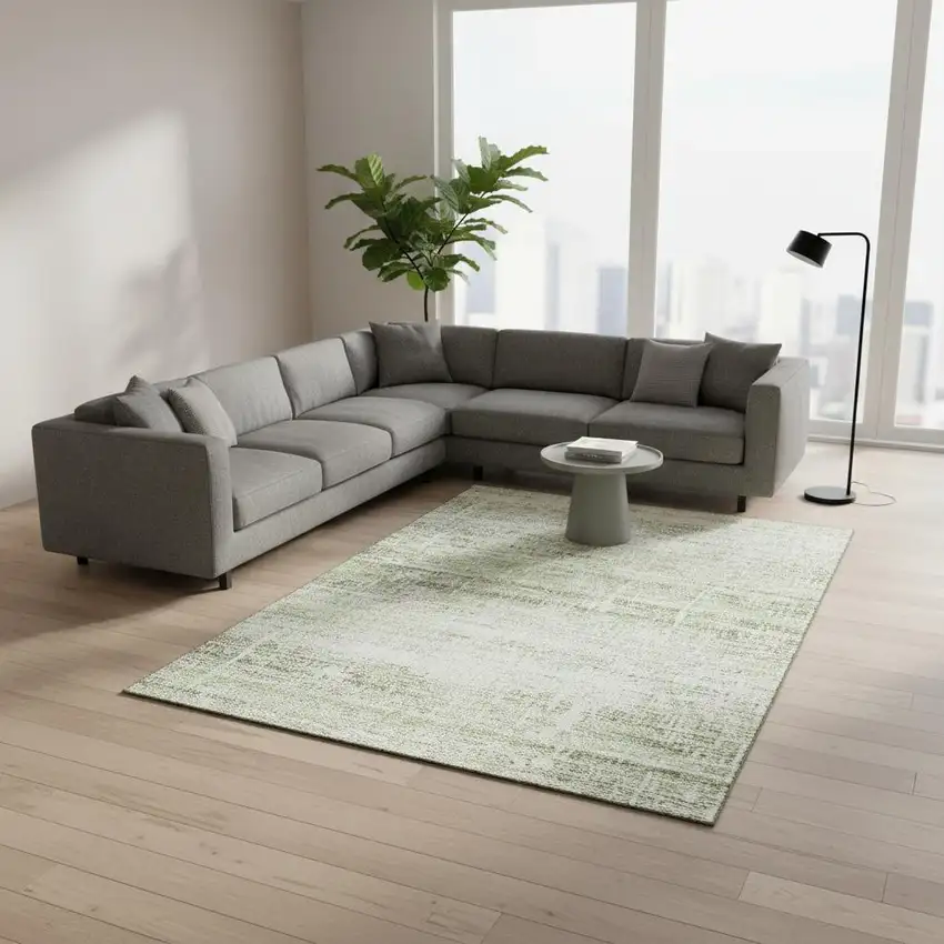 Artichoke Green And Ivory Abstract Washable Area Rug With UV Protection Photo 2