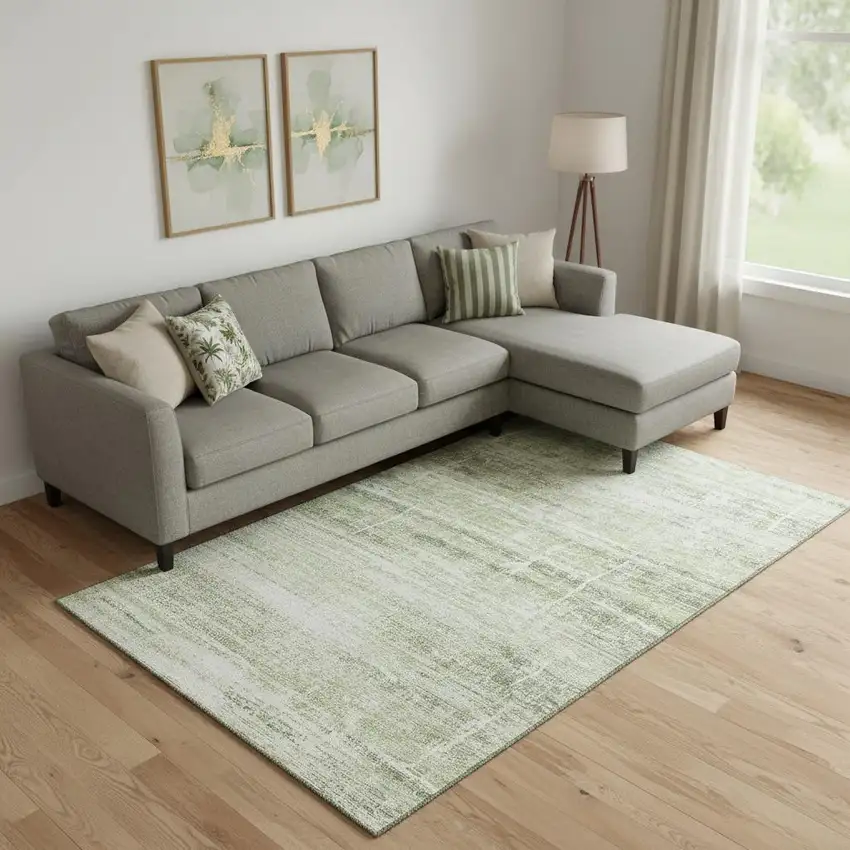 Artichoke Green And Ivory Abstract Washable Area Rug With UV Protection Photo 1