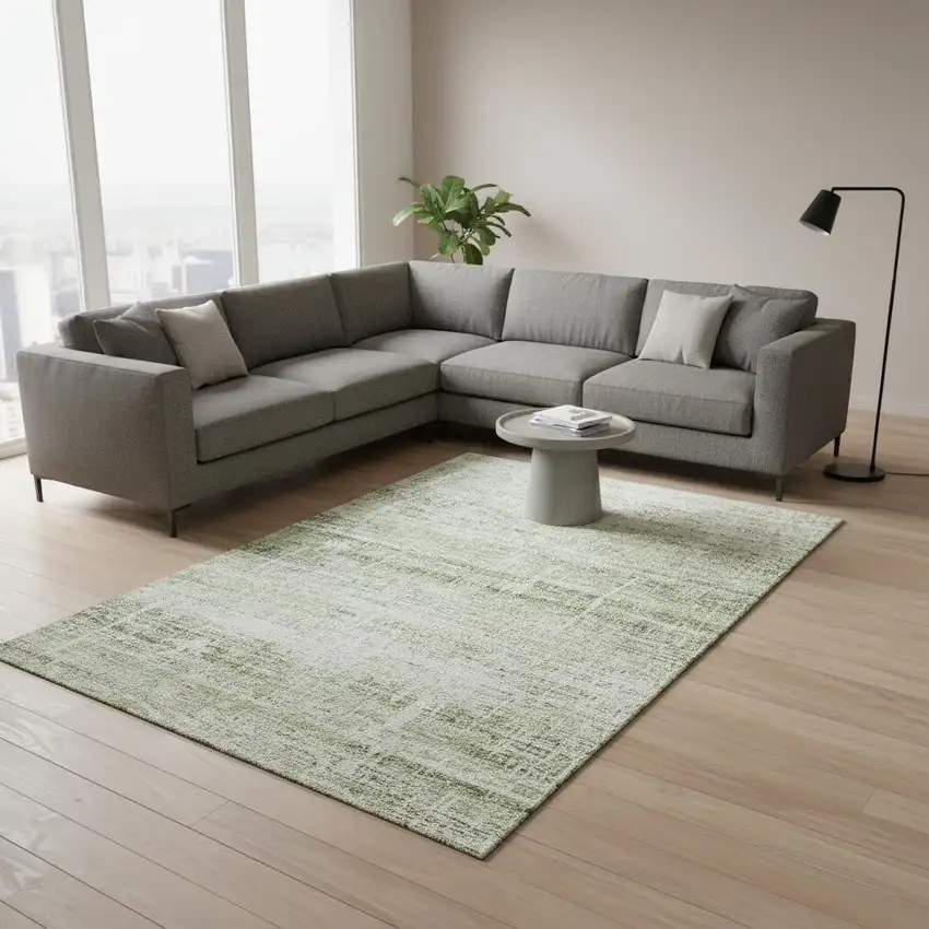 Artichoke Green And Ivory Abstract Washable Area Rug With UV Protection Photo 2