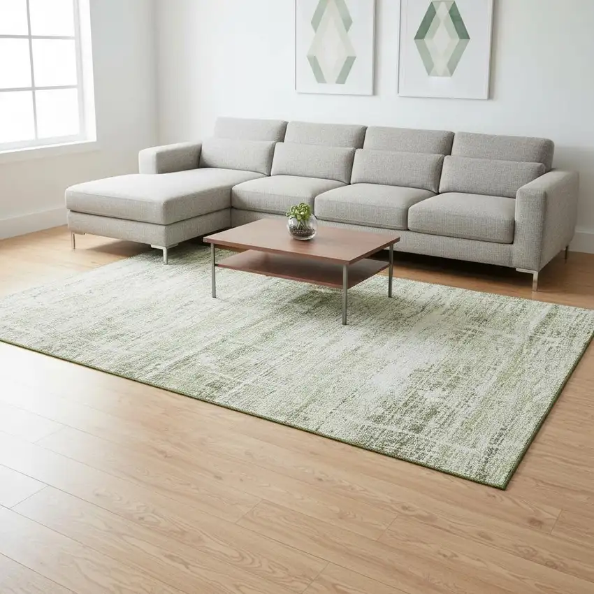 Artichoke Green And Ivory Abstract Washable Area Rug With UV Protection Photo 2