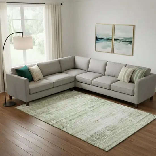 Artichoke Green And Ivory Abstract Washable Area Rug With UV Protection Photo 1