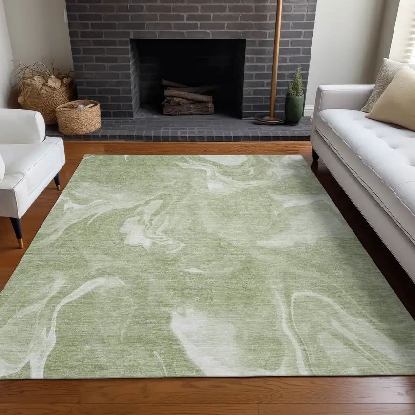 Artichoke Green And Ivory Abstract Washable Area Rug With UV Protection Photo 5